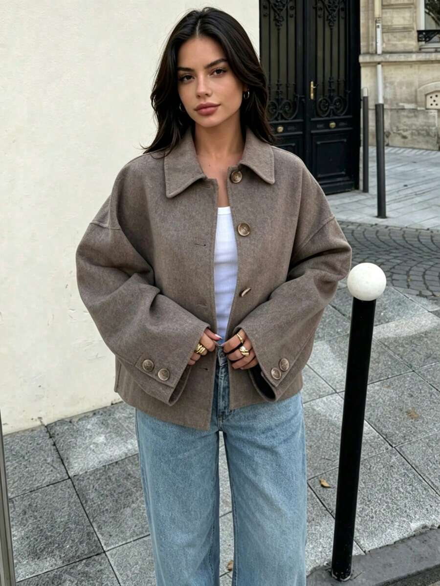 DEEKA Autumn/Winter New Women's European & American Style Fashion Minimalist Versatile Short Collar Overcoat - Light Brown 1 - View 1
