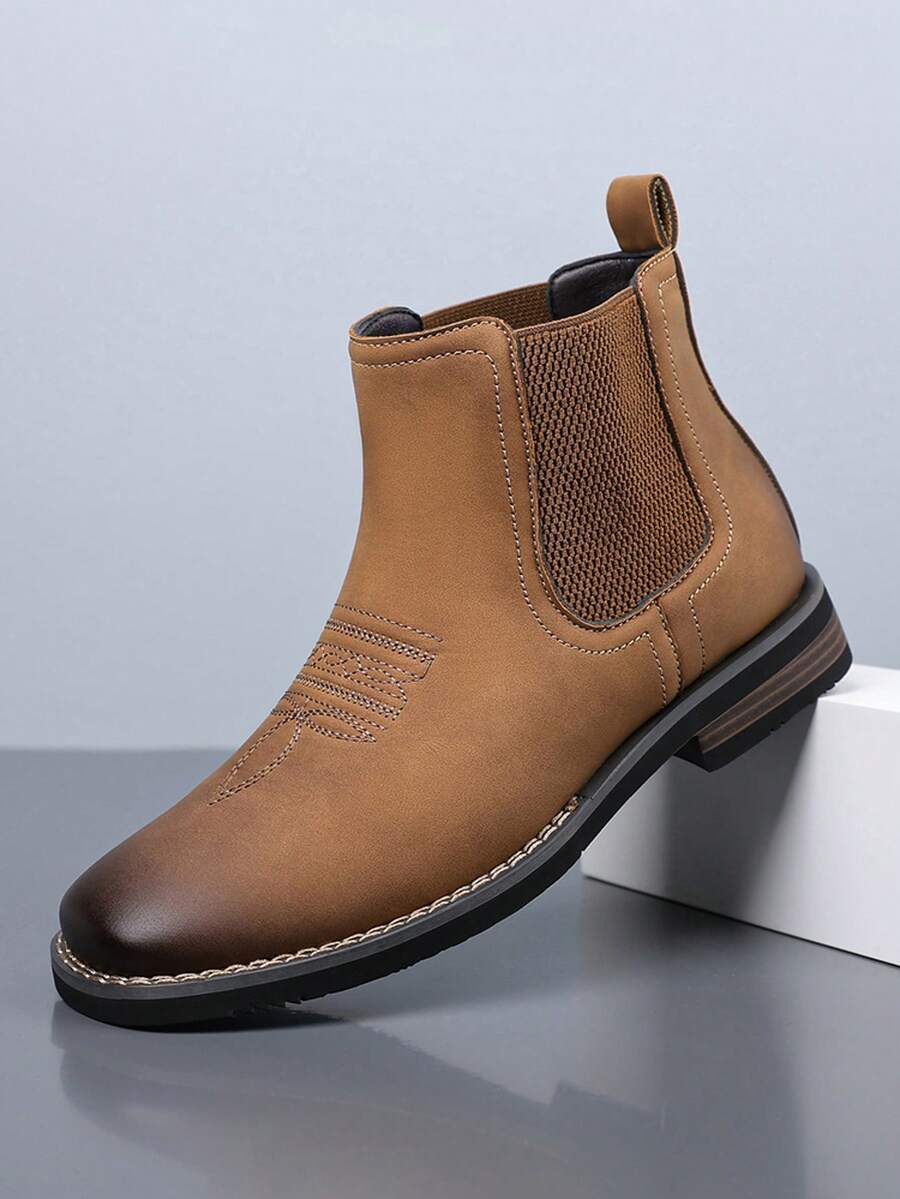 Vintage Style Men's Chelsea Boots, Decorative Stitching Ankle Boots, Daily Commute Ankle Boots - Yellow - View 1