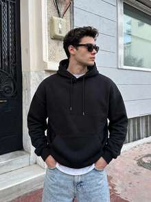 DAZY Men's Casual Versatile Rose Print Kangaroo Pocket Drawstring Hoodie, Autumn/Winter - Black - View 4