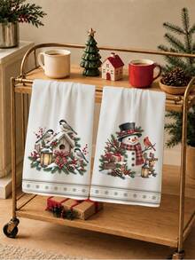 2PCS Kitchen Towels, Christmas Bird Wooden House Vintage Snowman Pattern Kitchen Towels Dish Cloths, 40*60cm Rectangular Soft Microfiber Cleaning Kitchen Towels, Perfect For Kitchen, Dining Room And Bathroom Use, Kitchen Decor, Home Decor, Neighbor Housewarming Gift, Dish Cloths - Multicolor - View 7