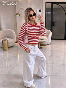 Vuslat Women's Autumn/Winter Fashion Y2K Slim Fit Striped Round Neck Long Sleeve Cropped Cardigan, Suitable For Daily Wear, Street Style, Commuting, Christmas And New Year - Red - View 5