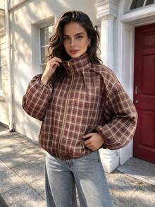 2026 Autumn/Winter New Women's Plaid Zipper Jacket, Jacket Coat, Fashionable Commuter Versatile Style - Rust Brown - View 6