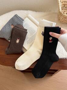 Cute Embroidered Mid-Calf Socks For Women, Autumn/Winter Double-Needle Micro-Compression Slouch Socks, Japanese Style Animal Cartoon Long Socks - Multicolor - View 8