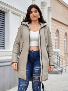 Astrid Plus Size Winter Casual Denim Detail Hooded Mid-Length Cotton Padded Coat - Beige - View 2