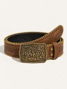 1pc Western Style Frog Pattern Unique Vintage Floral Print Women's Belt, Suitable For Jeans, Music Festival Daily Wear - Frog Buckle Brown - View 13
