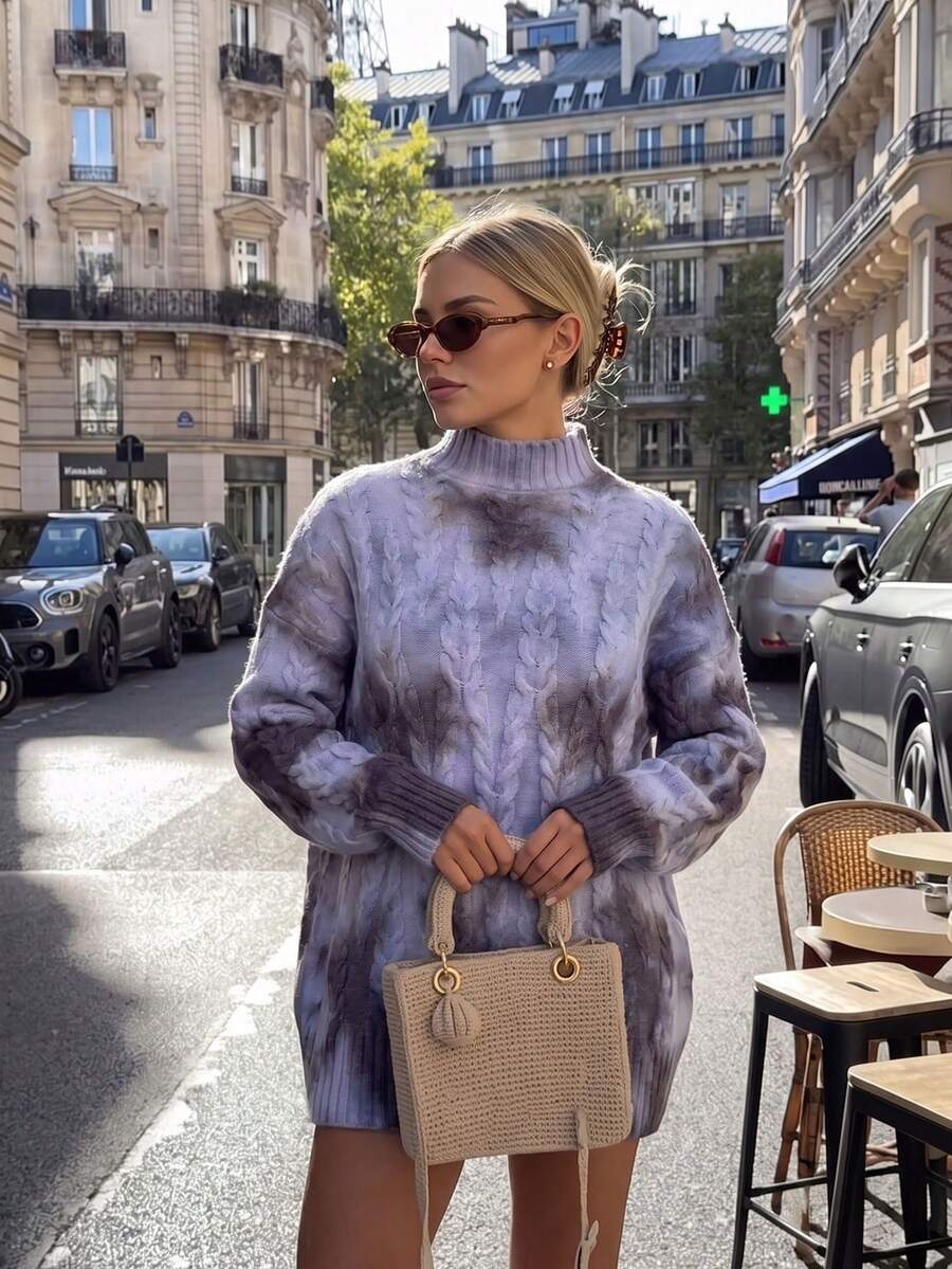 Korean Style Tie-Dye Cable Knit Sweater Women Autumn/Winter Loose Slouchy Crew Neck Knit Top - Purple - View 1