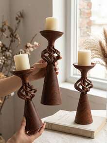 3Pcs/2Pcs/1Pc Wood Grain Metal Candle Holder Set, Modern Pillar Candle Stands, Sculptural Candlestick Holders, Rustic Home Decor, Farmhouse Decor, Boho Table Centerpiece, Living Room, Dining Table, Wedding, Christmas Decor, Housewarming Gift. - Vintage Design - View 4