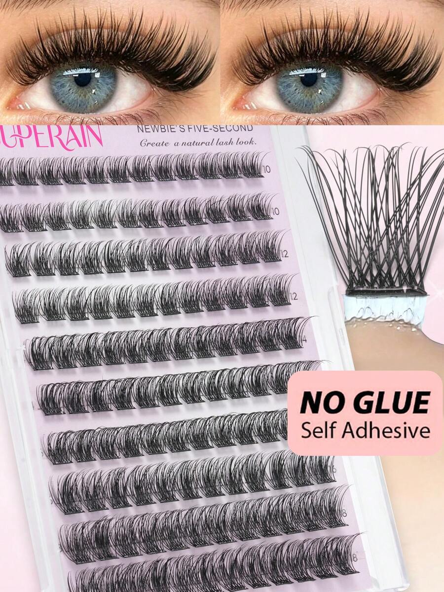 120pcs Natural Style Pre-Glued False Eyelashes C Curl Self-Adhesive Cluster Lashes Thin Invisible Stem Fluffy Single Cluster Lashes DIY Glue-Free Application Cartoon Style Natural Lively Makeup Tool Gift For Women And Girls - C - View 1