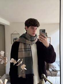 1PC Men's Plaid Warm Scarf, Fashionable And Versatile, Suitable For Autumn/Winter Home Office, Indoor Cold Protection, Holiday Celebrations, Outdoor Commuting - Khaki - View 2