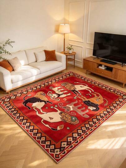 1pc Red Background Mythical Creature Totem Velvet Carpet, Vintage Mythical Creature & Exotic Beast Combination Pattern, Black & Beige Geometric Border Enhancing Layers. Square Shape Suitable For Living Room, Bedroom Or Gaming Area, Becoming A High-Recognition Art Focal Point.