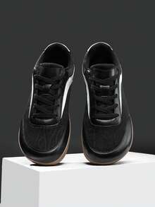 Men's Retro Casual Skateboard Shoes, Wide Toe, Lace-Up Design, Microfiber Leather And Mesh Upper, Anti-Slip Rubber Sole, Daily Walking And Sports Shoes - Black - View 3