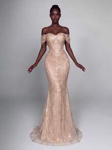 Elegant Cold Shoulder Ruched Sleeve Beaded Sequin Mermaid Dress, Ideal For Photography, Beach Vacations, Resorts, Parties And Formal Events - Champagne - View 5
