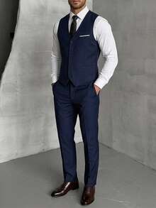 DAZY Men's 3 PiecesSuit Set, Elegant Solid Color Slim Fit Gentleman Vest, Pants And Tie Set, Business Commute, Wedding, Party, Ball - Navy Blue - View 5