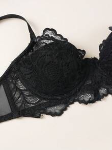1pc Women's Floral Lace Underwire Bra, Adjustable Spaghetti Strap, Back Hook Closure, Half Cup Bra Suitable For Small Bust Daily Wear - Black - View 5