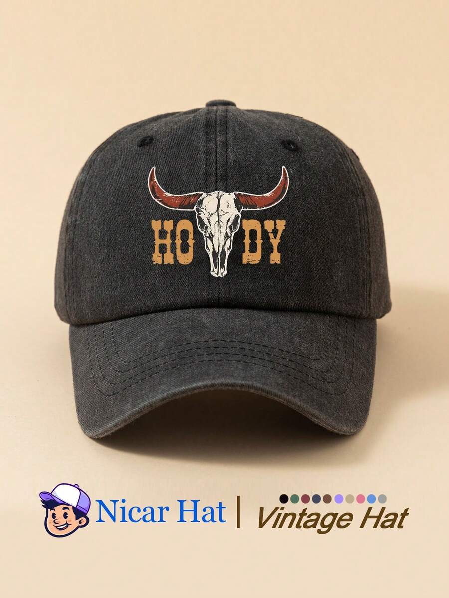 1pc Printed Vintage Washed Men's Baseball Cap With "Bull Head HODY", Lightweight Comfortable Adjustable Multi-Functional Baseball Cap, Unisex Trucker Hat Suitable For Daily Wear, Outfit, Holiday Party And Other Occasions
