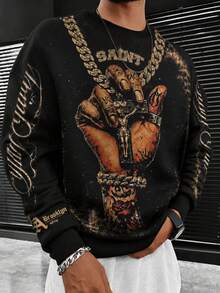 Krometka Men's American Street Style Distressed Vintage Crew Neck Sweatshirt, Tattoo Hand Cross Gold Chain SAINT Letter Print Loose Fit Pullover - Brown - View 2