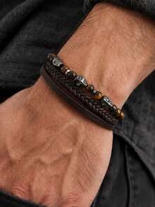 1pc Vintage Multi-Layer Braided Leather Bracelet With Natural Tiger Eye Round Beads And Cross Pendant, Unisex American Street Style Couple Layered Jewelry - Woven Bracelet - View 3