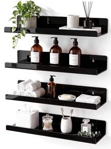 Black Wall-Mounted Bathroom Storage Rack Set, Plastic Floating Organizer Shelf For Skincare And Cosmetics, Space-Saving Bathroom Wall Storage Organizer, Minimalist Modern Home Decor - Multiple Styles - View 2