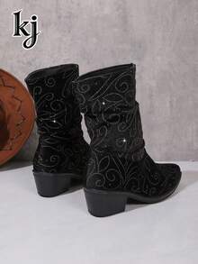 Botas de tobillo con punta y fruncido, con patrón de remolino de strass negro, botas de tacón grueso para mujeres europeas y americanas para fiestas - Negro - Ver 6