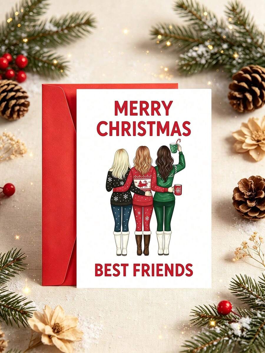 1pc Christmas Card With Envelope, "Merry Christmas Good Friend" Ugly Sweater Theme Holiday Card, Christmas Party Gift For Good Friend, Blank Inside - Multicolor - View 1