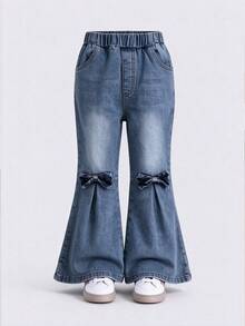 2pcs/Set Girls Toddler Casual Style 3D Bow Soft Comfortable Denim Flare Pants Suitable For Outdoor Wear Spring/Summer - Blue - View 5