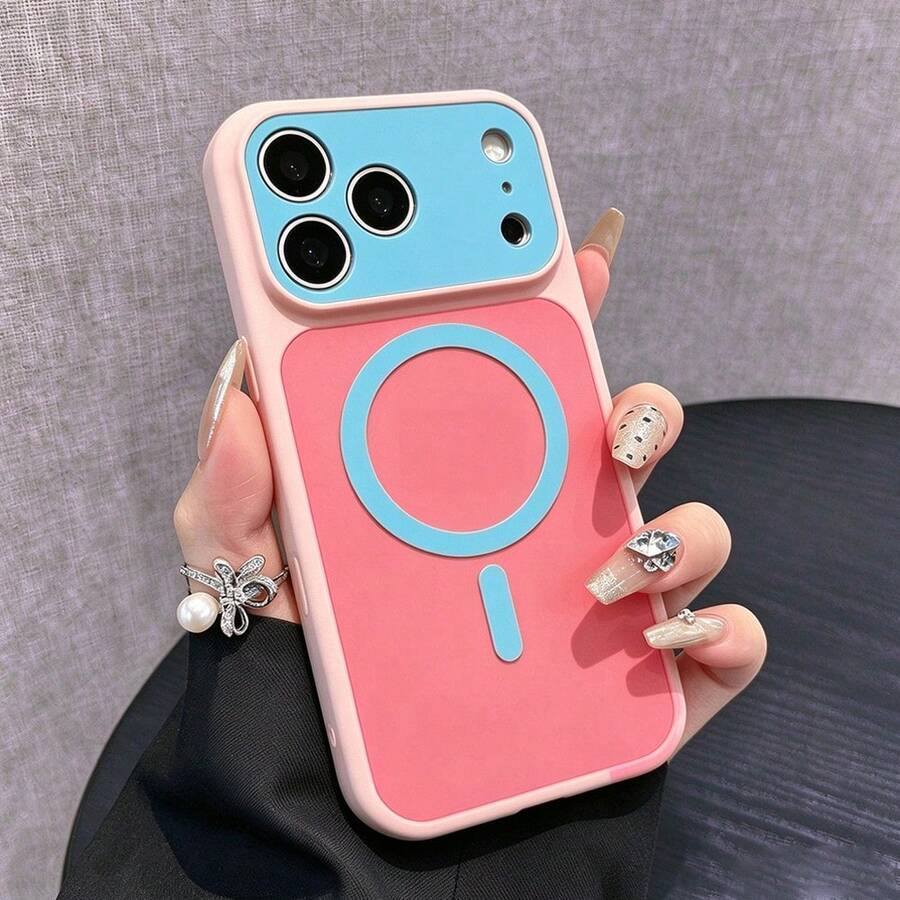Cute Colorblock Magnetic Phone Case, Compatible With IPhone 17 Pro Max/17 Air/17 Pro/17/13/14/15/16/Pro Max/14 Plus/15 Plus/16 Plus, MagSafe Large Lens Protective Case, Birthday Gift - Light Pink - View 1