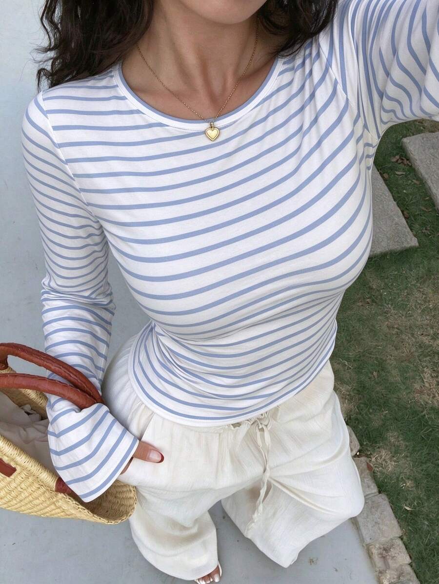 Plus Size Striped Contrast Knit Flare Long Sleeve T-Shirt For Women, Elegant Going Out Top,Casual Everyday Wear,Vacation,Fall - Baby Blue - View 1
