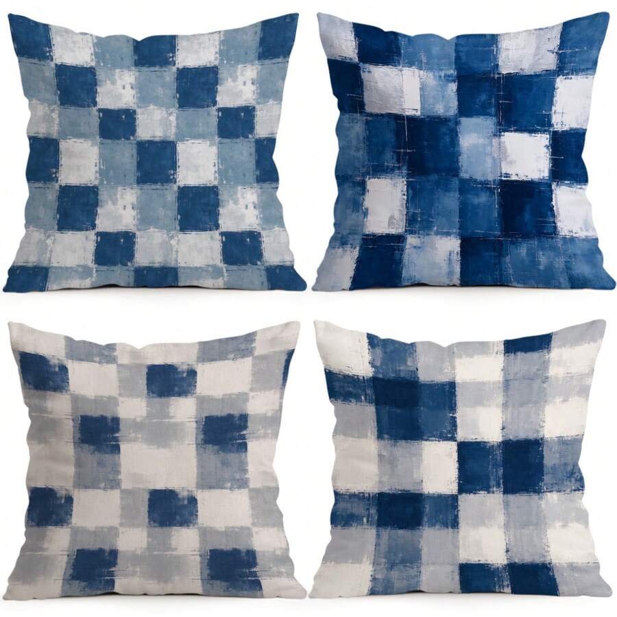 4pcs/1pc Blue Gray Square Abstract Grid Pattern Pillow Case, Single-Sided Printed Pillow Cover, Suitable For Living Room Bedroom Home Decor, All Season Pillow Case - Multicolor - View 1