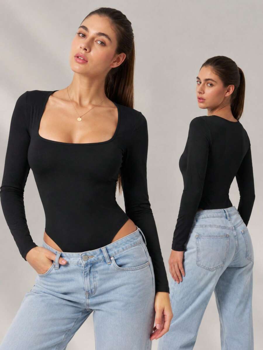 Women's Square Neck Long Sleeve Bodysuit, Slim Fit Tummy Control Elegant Holiday Party Base Layer, Winter Layering Tops - Black - View 1