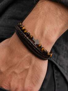 1pc Vintage Multi-Layer Braided Leather Bracelet With Natural Tiger Eye Round Beads And Cross Pendant, Unisex American Street Style Couple Layered Jewelry - Woven Bracelet - View 9