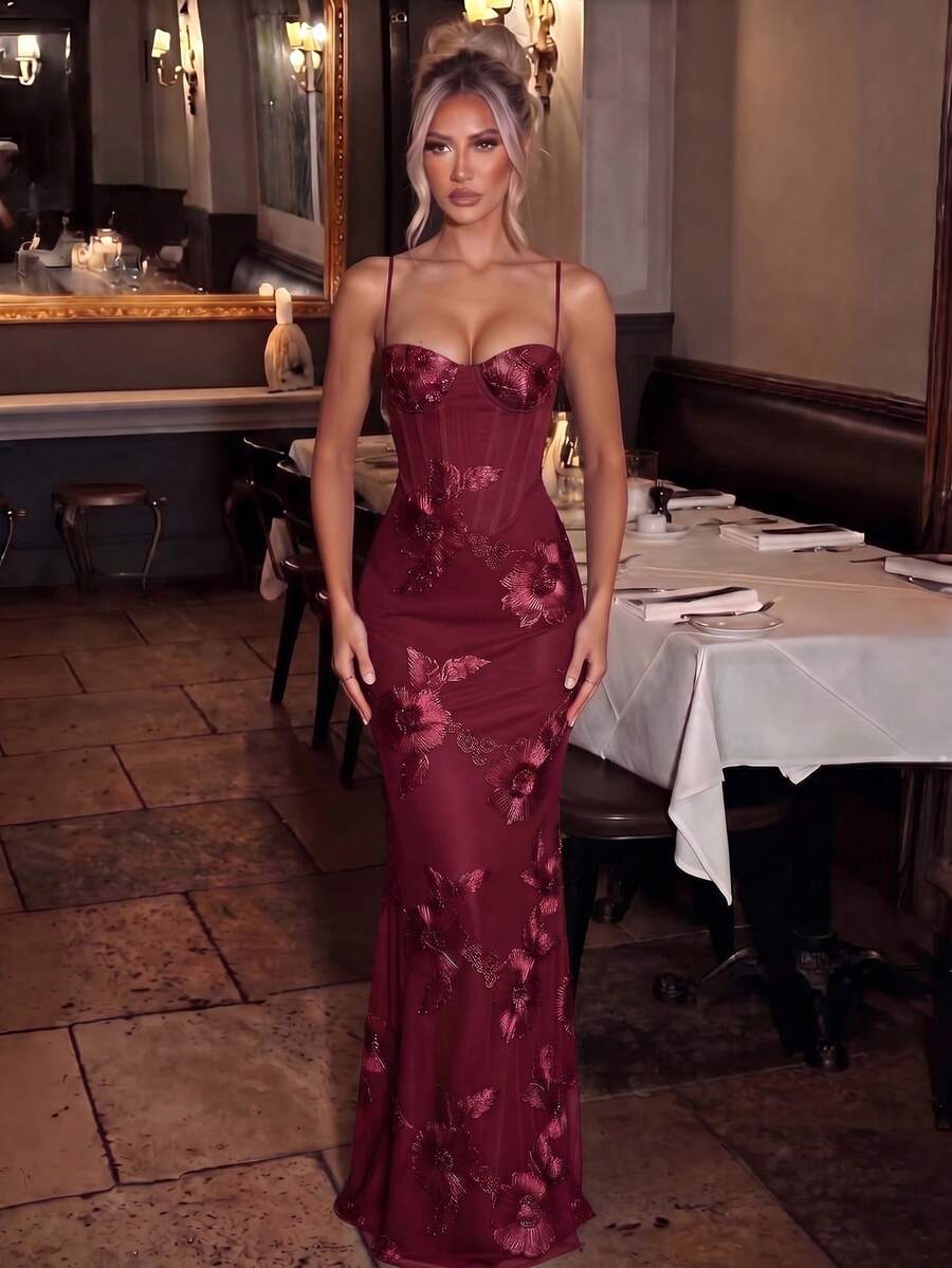 Floral Embroidered Elegant Sexy Spaghetti Strap Mermaid Party Dress For Date And Evening Event - Burgundy - View 1