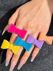 5pcs Sweet Exquisite Unique Vintage Personalized Fashion Design Lively Bow Velvet Rings, Women's Daily Holiday Party Vacation Outfit Gift Jewelry - Multicolor - View 7