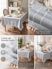 Bubaba Grey-Blue Embroidered Plaid Rectangular Tablecloth With Cream Tassel Trim, Linen-Texture Fabric, Country Farmhouse Bohemian Style, Suitable For Kitchen, Dining Room, Daily Home Decor And Party Table Cover - Multicolor - View 4