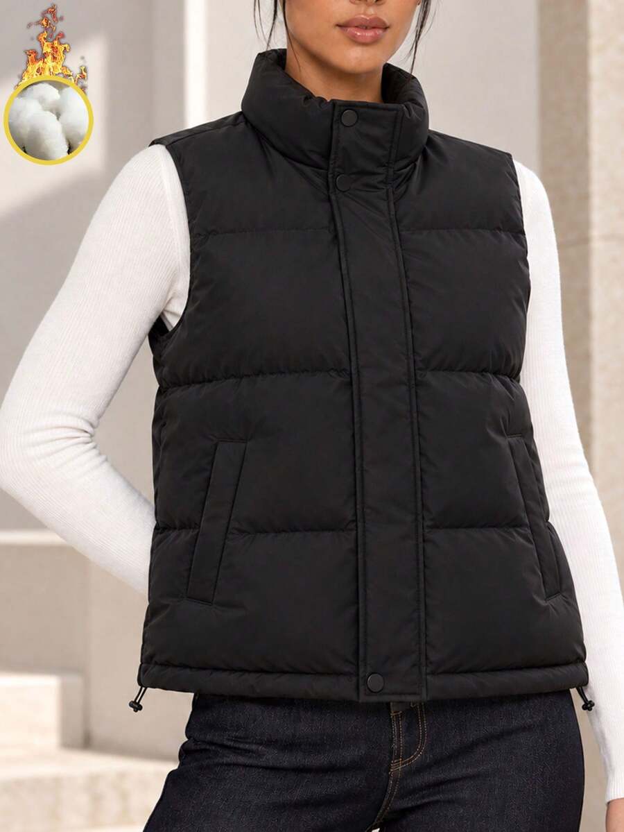 Women Black Puffer Vest Quilted Padded Sleeveless Jacket Stand Collar Snap Button Front Side Pockets Casual Winter Gilet - Black - View 1