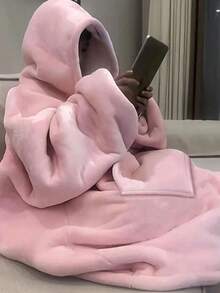 1pc Oversized Wearable Blanket Hoodie, Unisex Soft Flannel Hooded Blanket With Large Pockets, Comfortable Loungewear, Machine Washable Warm Blanket, Suitable For Home Relaxation, Camping, Christmas And Halloween - Multicolor - View 1