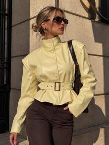 Women's Fall Winter Halloween Christmas Faux Leather Stand Collar Button-Front With Belt – Ruffle Hem Long Sleeve Jacket For Daily& Back To School - Yellow - View 1