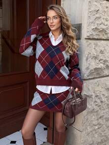 Women Fall Argyle Knit Set Lapel V Neck Long Sleeve Sweater And Mini Skirt Two Pieces Outfit Soft Knitted Casual Autumn Matching Set For Daily Wear - Multicolor - View 8