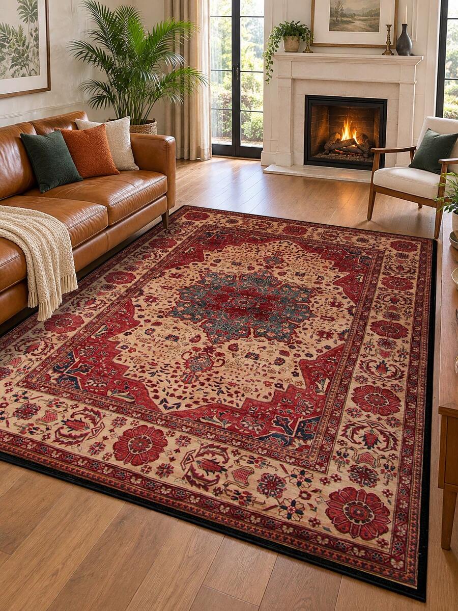 1pc Vintage Persian Style Rug, Bohemian Floral Medallion Pattern, Distressed Oriental Style Carpet, Soft Polyester Rectangular Rug, Suitable For Living Room, Bedroom, Hallway, Kitchen, Office, Farmhouse Home Decor