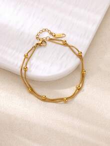 1pc Bohemian Style Beaded Double Chain Anklet, Gold Stainless Steel Anklet, Fashion Accessory For Summer Beach - Yellow Gold - View 2