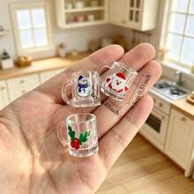 4pcs Merry Christmas Mini Cups, Featuring Santa Claus, Christmas Tree, Snowflake And Reindeer Designs. Perfect For Dollhouse Kitchen Decor, Suitable For BJD/OB11 And Blythe Mini Cup Props, Miniature Models, Miniature Home Scenes - A - View 3
