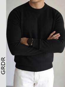 GRDR Men's Solid Color Crew Neck Long Sleeve Sweater, Autumn/Winter - Black - View 2