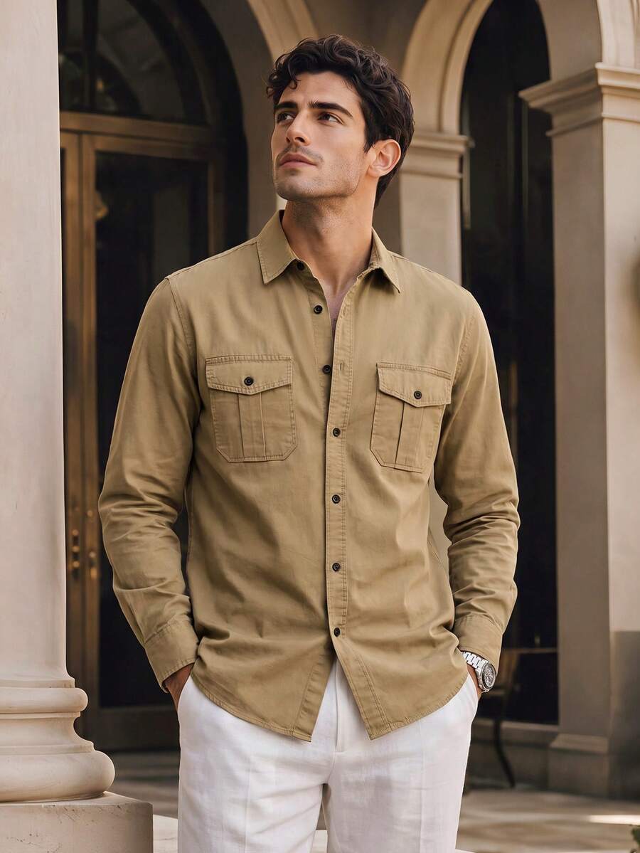 Khaki Color Men's Business Casual Long Sleeve Shirts, Solid Color Versatile Long Sleeve Tops, For Fall - Khaki - View 1