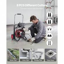 Drain Cleaner Machine 30m X 10.5mm, Auto Feed Sewer Snake Auger On Wheels - With 8 Cutters & Air-Activated Foot Switch For 50mm To 100mm Pipes - 30m X 10.5mm - View 5