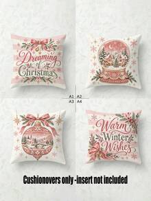 shangxia 4PCS--Pink Crystal Ball Christmas Print Pillow Covers, Bow Bell Small Town Snow Scene Text Sofa Cushion Covers---(Pillow Insert Not Included) - Pink - View 10