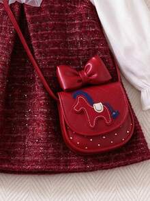 Baby Girl Wool Blend Dress, 2 In 1 Christmas Dress, Patchwork Red Outfit With Bowknot Collar Design, Baby Girl Daily Autumn/Winter Dress - Burgundy - View 8