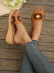 Women Crochet Lace Wedge Slide Sandals, Bohemian Open Toe Platform Slip On Summer Slippers - Orange - View 2