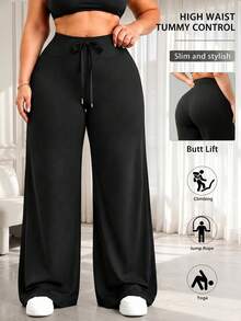1pc Plus Size Women's Wide Leg Pants, Autumn/Winter Black Long Pants For Women, High Waist Adjustable Drawstring Women's Long Pants, 4-Way Stretch Wide Leg Pants, Soft And Comfortable Wide Leg Pants, Women's Pure Black Long Pants Suitable For Office, Social Occasions, Elegant Women's Long Pants, Pure Long Pants - Black - View 4
