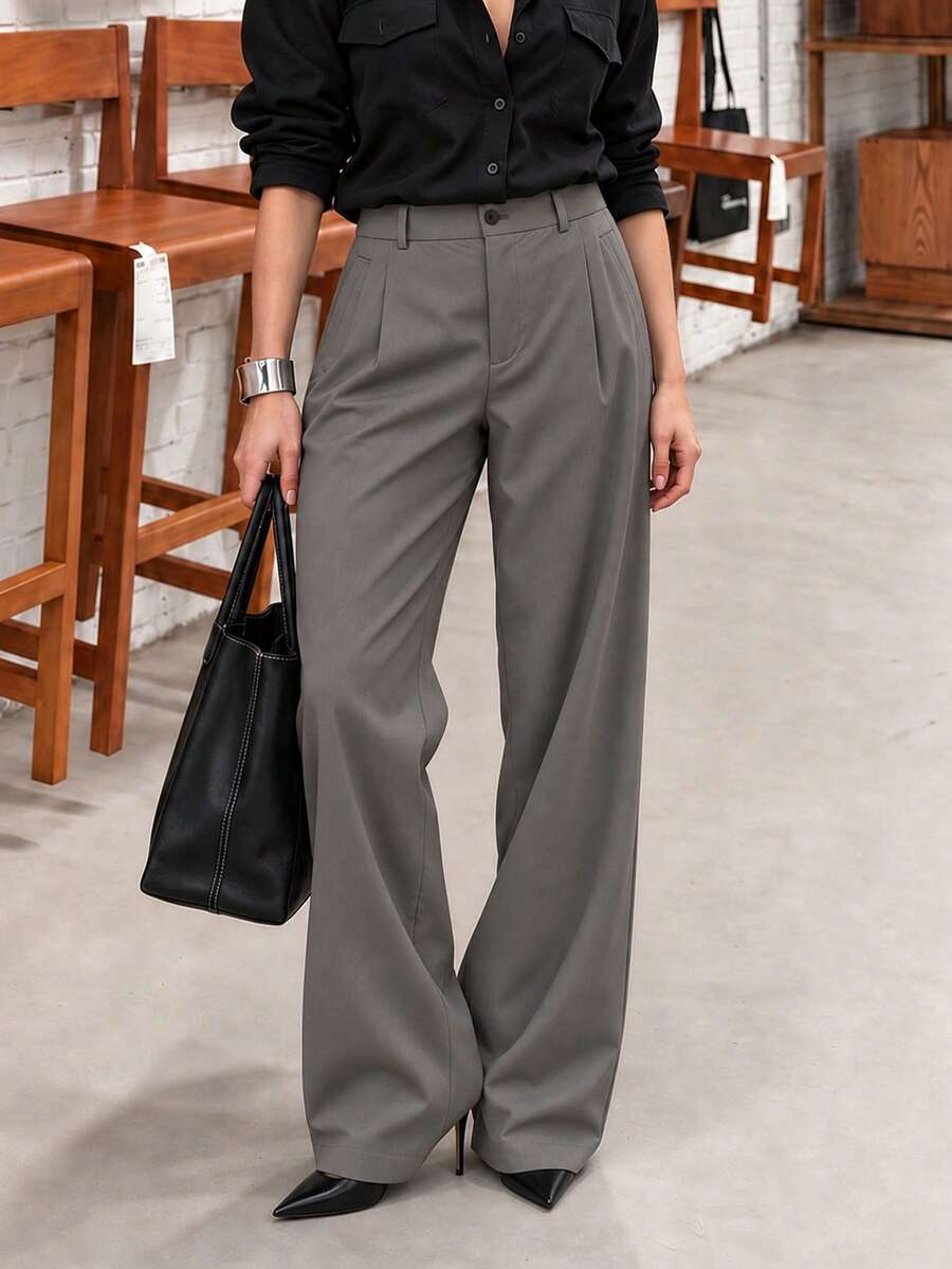 Women's Wide Leg Pants, Front Pleated Straight Leg Trousers, Minimalist ...