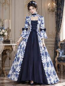 Ready Stock Blue And White Porcelain Pattern Medieval Victorian Court Dress Renaissance Gothic Lolita Bell Sleeve Dress - Blue - View 2