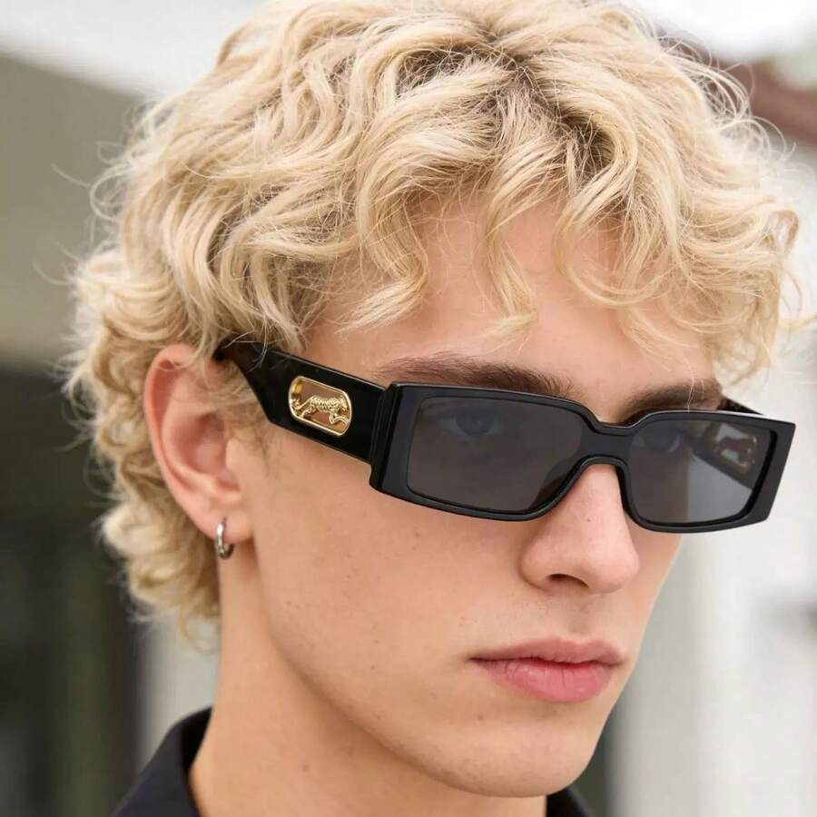 1 Pair Men's Black Small Square Frame Vintage Leopard Decor Fashion Street Style Personalized Outfit Glasses - Black - View 1